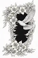 The cuckoo bird spreads its wings sideways among the flowers, its wings stretched and its posture graceful. tattoo design idea