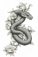 A scaly snake slithers through blooming peonies，Movements are natural. tattoo design idea