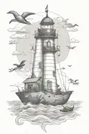 The lighthouse is at the top, the whale is in the middle, the pirate ship is at the bottom, and the anchor is at the bottom, sketch line drawing. tattoo design idea
