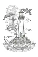 The lighthouse is at the top, the whale is in the middle, the pirate ship is at the bottom, and the anchor is at the bottom, sketch line drawing. tattoo design idea