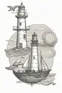 The lighthouse is at the top, the whale is in the middle, the pirate ship is at the bottom, and the anchor is at the bottom, sketch line drawing. tattoo design idea