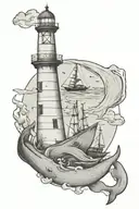 The lighthouse is at the top, the whale is in the middle, the pirate ship is at the bottom, and the anchor is at the bottom, sketch line drawing. tattoo design idea