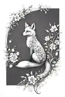 A fox with its back facing sideways, black and white sketch, elegant back lines, surrounded by lush flowers and plants tattoo design idea