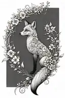 A fox with its back facing sideways, black and white sketch, elegant back lines, surrounded by lush flowers and plants tattoo design idea