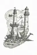 The lighthouse is at the top, the whale is in the middle, the pirate ship is at the bottom, and the anchor is at the bottom, sketch line drawing. tattoo design idea