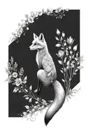 A fox with its back facing sideways, black and white sketch, elegant back lines, surrounded by lush flowers and plants tattoo design idea