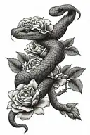 A scaly snake slithers through blooming peonies，Movements are natural. tattoo design idea