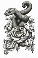 A scaly snake slithers through blooming peonies，Movements are natural. tattoo design idea