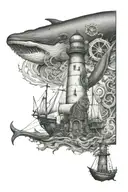 The lighthouse is at the top, the whale is in the middle, the pirate ship is at the bottom, and the anchor is at the bottom. tattoo design idea