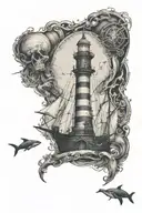 The lighthouse is at the top, the whale is in the middle, the pirate ship is at the bottom, and the anchor is at the bottom. tattoo design idea