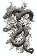 A scaly snake slithers through blooming peonies，Movements are natural. tattoo design idea
