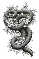 A scaly snake slithers through blooming peonies，Movements are natural. tattoo design idea
