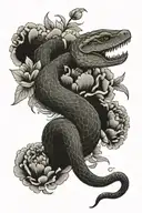 A scaly snake slithers through blooming peonies，Movements are natural. tattoo design idea