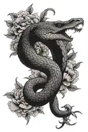 A scaly snake slithers through blooming peonies，Movements are natural. tattoo design idea
