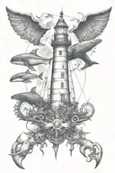 The lighthouse is at the top, the whale is in the middle, the pirate ship is at the bottom, and the anchor is at the bottom. tattoo design idea