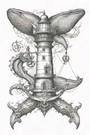 The lighthouse is at the top, the whale is in the middle, the pirate ship is at the bottom, and the anchor is at the bottom. tattoo design idea