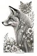 A fox with its back facing sideways, black and white sketch, elegant back lines, surrounded by lush flowers and plants tattoo design idea