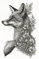 A fox with its back facing sideways, black and white sketch, elegant back lines, surrounded by lush flowers and plants tattoo design idea