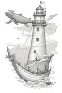 The lighthouse is at the top, the whale is in the middle, the pirate ship is at the bottom, and the anchor is at the bottom, sketch line drawing. tattoo design idea