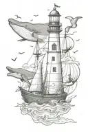 The lighthouse is at the top, the whale is in the middle, the pirate ship is at the bottom, and the anchor is at the bottom, sketch line drawing. tattoo design idea