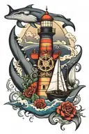 Lighthouse at top, whale in the middle, pirate ship below, anchor at the bottom. tattoo design idea