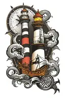 Lighthouse at top, whale in the middle, pirate ship below, anchor at the bottom. tattoo design idea