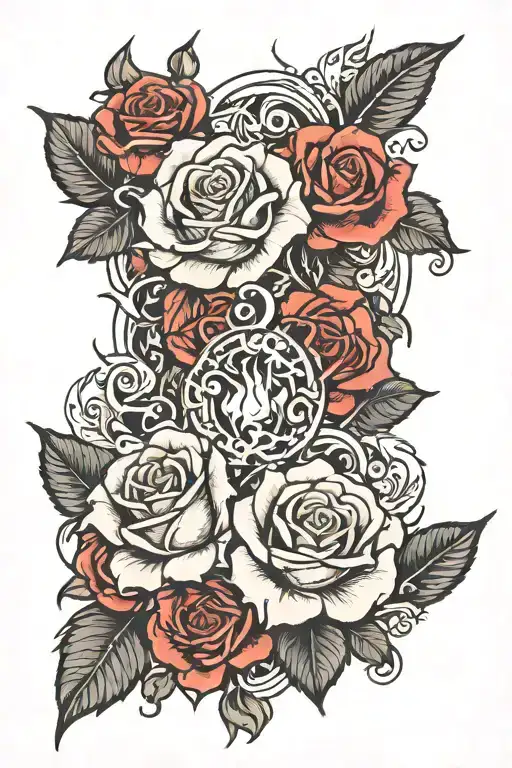 roses and fire surrounded tattoo design idea