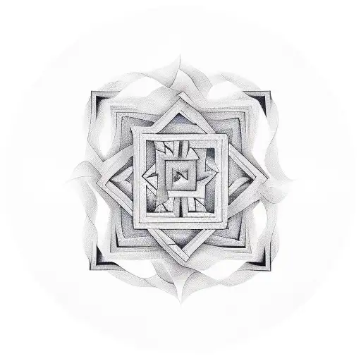 A Latin quote tattooed in an elegant geometric font, incorporating Escher-like illusions and contorted shapes. tattoo design idea