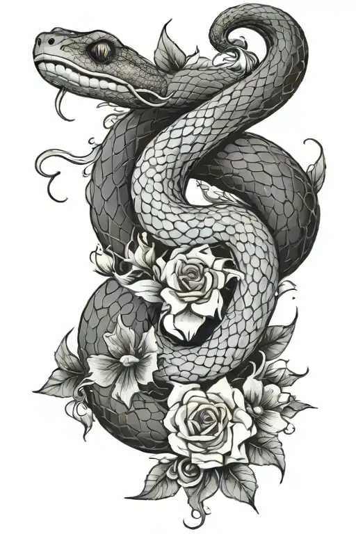 fantasy snake as number 6 shaped and some of flowers tattoo design idea