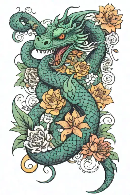 dragon or snake and flowers tattoo design idea