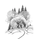 A serene forest scene with a winding hiking trail leading into the distance, capturing the client's love for hiking and nature tattoo design idea
