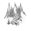 A serene forest scene with a winding hiking trail leading into the distance, capturing the client's love for hiking and nature tattoo design idea