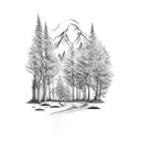 A serene forest scene with a winding hiking trail leading into the distance, capturing the client's love for hiking and nature tattoo design idea