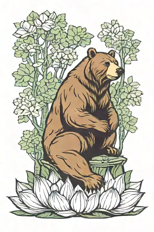majestic bear sitting in lotus pose meditating in a serene forest setting, surrounded by tall trees and lush greenery tattoo design idea