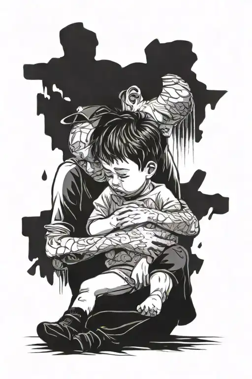 Crying boy protecting family  tattoo design idea