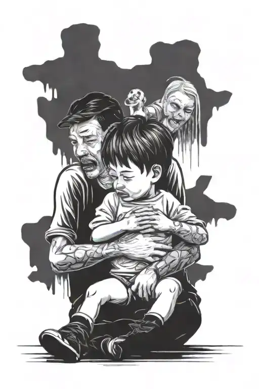 Crying boy protecting family  tattoo design idea