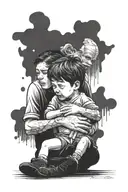 Crying boy protecting family  tattoo design idea