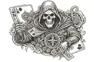A grim reaper holding a deck of cards, embodying the client's fascination with death and gambling tattoo design idea