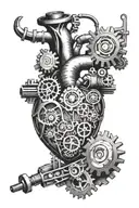 A mechanical heart with gears and pistons intertwined with musical notes and dollar signs tattoo design idea