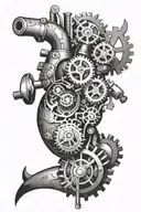 A mechanical heart with gears and pistons intertwined with musical notes and dollar signs tattoo design idea