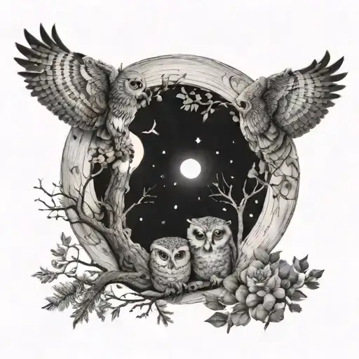 wooded scene at night with baby owls flying towards moon tattoo design idea