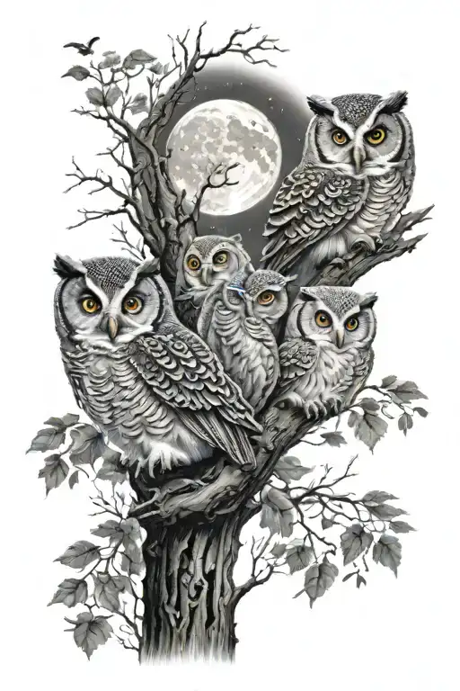 scene in the middle of the woods with baby owls flying towards the moon tattoo design idea