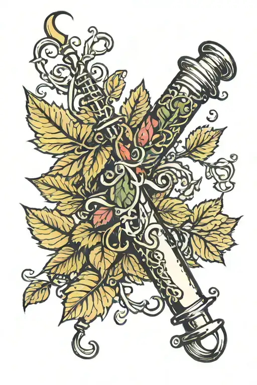 vines and leaves wrapped around heroin syringe  tattoo design idea