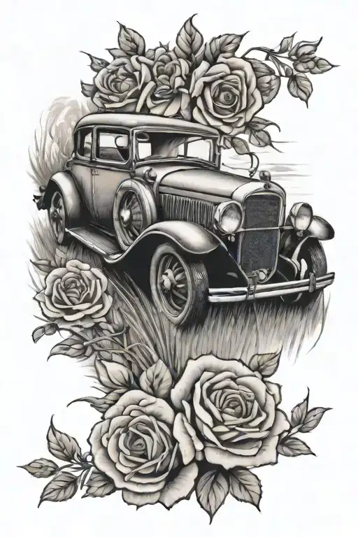 Design a black-grey tattoo of a vintage car cruising through a field of roses tattoo design idea