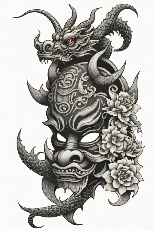 japanese mask with dragon, temple and flowers tattoo design idea