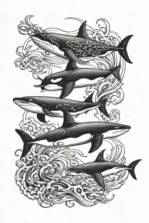 ocean with orca, octopus and hammerhead shark swimming tattoo design idea