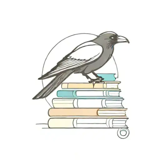 A minimalist design of a crow perched on top of a stack of colorful books, with an infinity symbol hidden in the background tattoo design idea