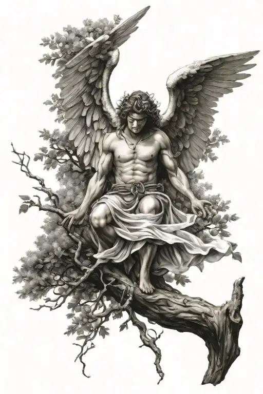 Floating Angel warrior wings hugging a tree tattoo design tattoo design idea