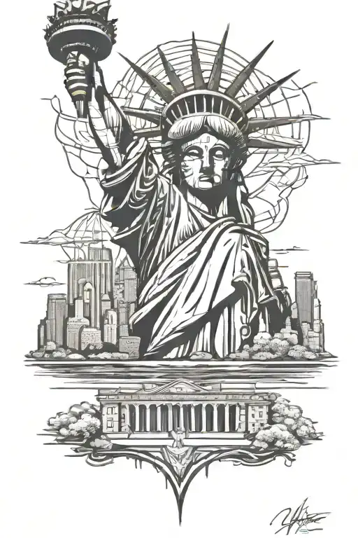 new york buildings knicks logo statue of liberty face  tattoo design idea