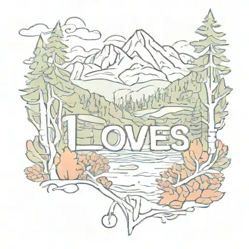 The words "I love us" with a mountain in background.  Foreground is pines and aspens in the fall.  Include some colors. tattoo design idea